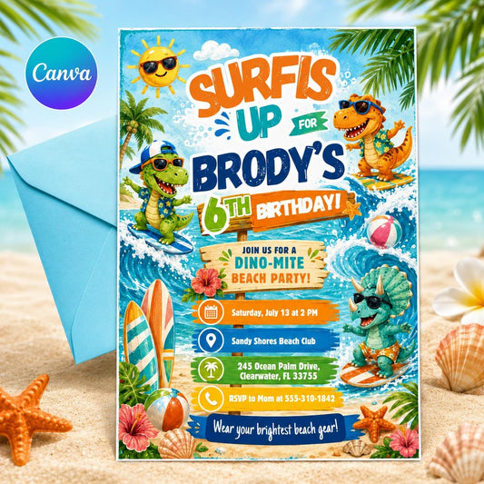 Surf Dinosaur 1st Birthday Invitation: Beach Party, Surfing Dino Birthday Invitation , Canva Template __etsy:8094135813