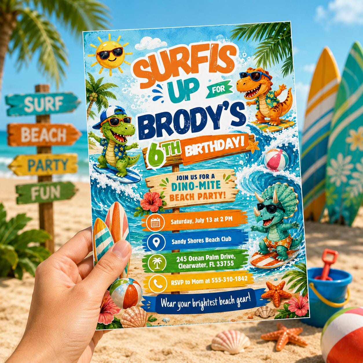 Surf Dinosaur 1st Birthday Invitation: Beach Party, Surfing Dino Birthday Invitation , Canva Template __etsy:8046223982
