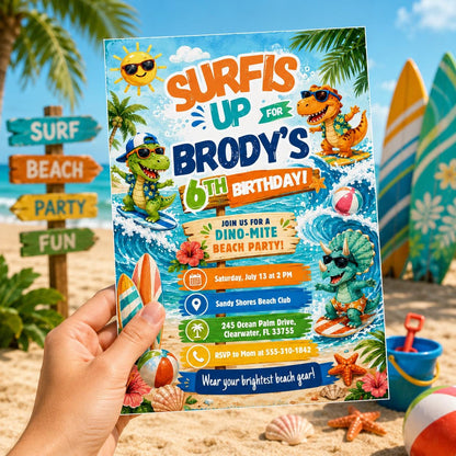 Surf Dinosaur 1st Birthday Invitation: Beach Party, Surfing Dino Birthday Invitation , Canva Template __etsy:8046223982