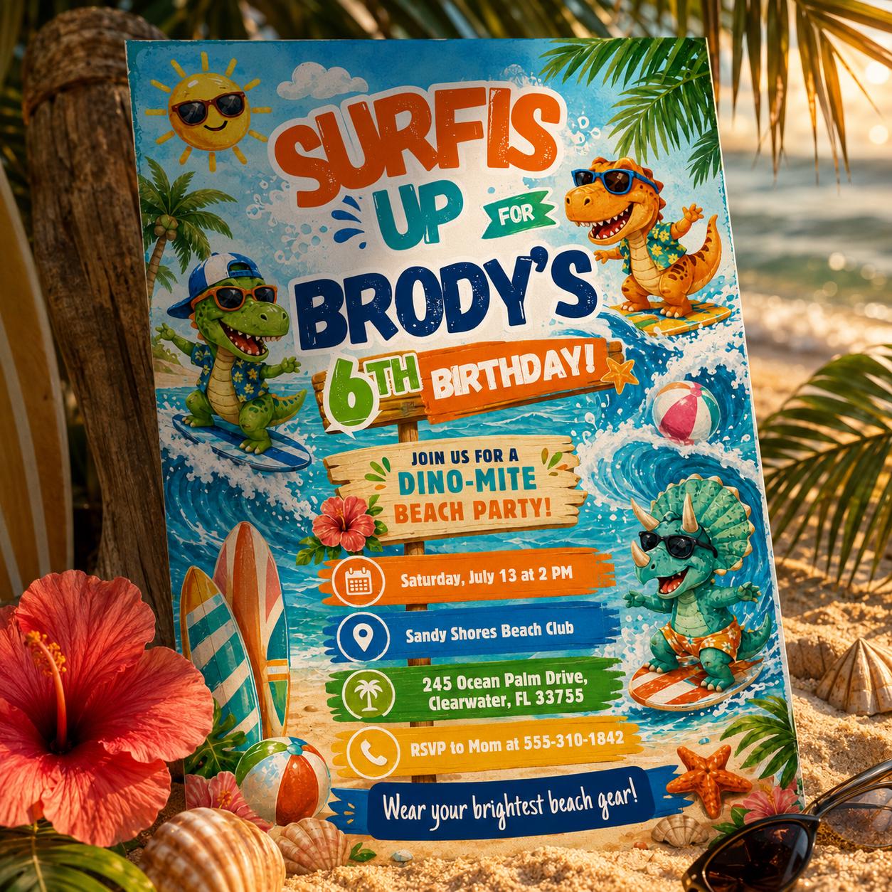 Surf Dinosaur 1st Birthday Invitation: Beach Party, Surfing Dino Birthday Invitation , Canva Template __etsy:8046223998