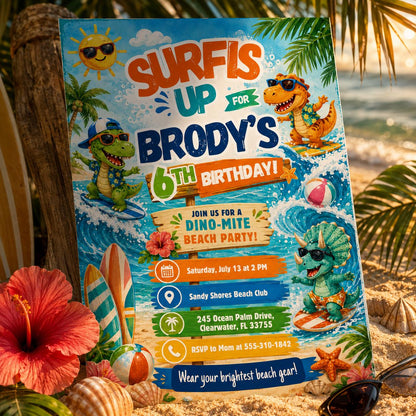 Surf Dinosaur 1st Birthday Invitation: Beach Party, Surfing Dino Birthday Invitation , Canva Template __etsy:8046223998