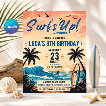 Surf's Up Birthday Invitation, Ocean Beach Surfer Theme Invite, Surfboard Surfing Party Invitation, Digital Download Canva Template __etsy:7976630878