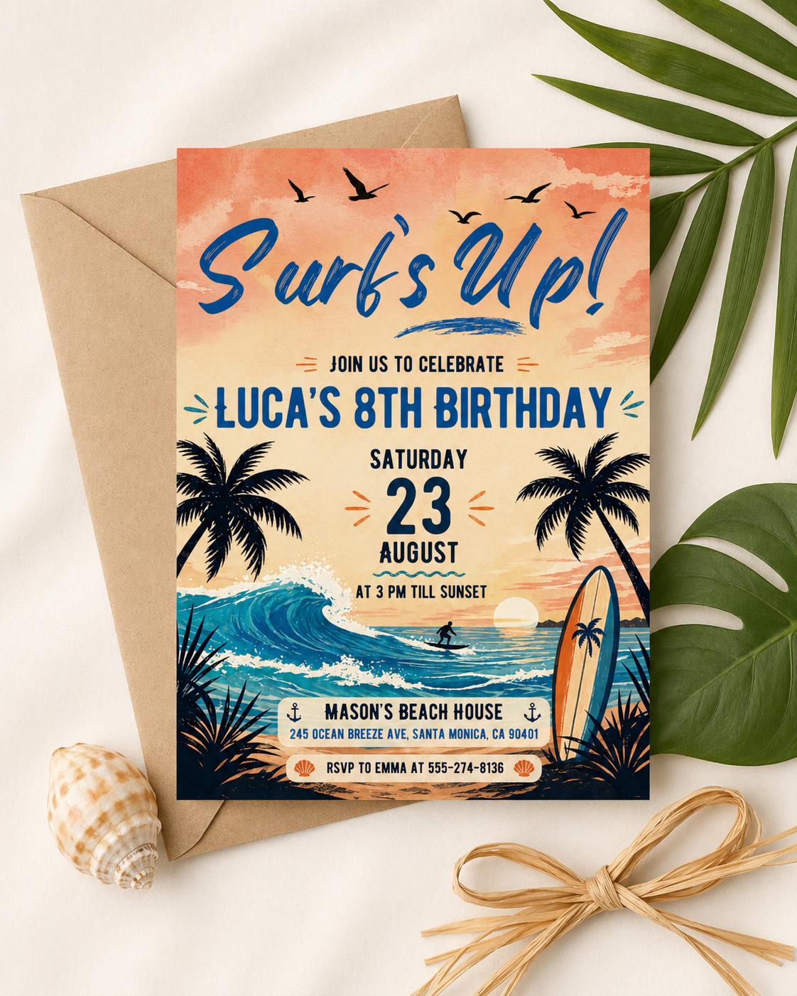 Surf's Up Birthday Invitation, Ocean Beach Surfer Theme Invite, Surfboard Surfing Party Invitation, Digital Download Canva Template __etsy:8020258265