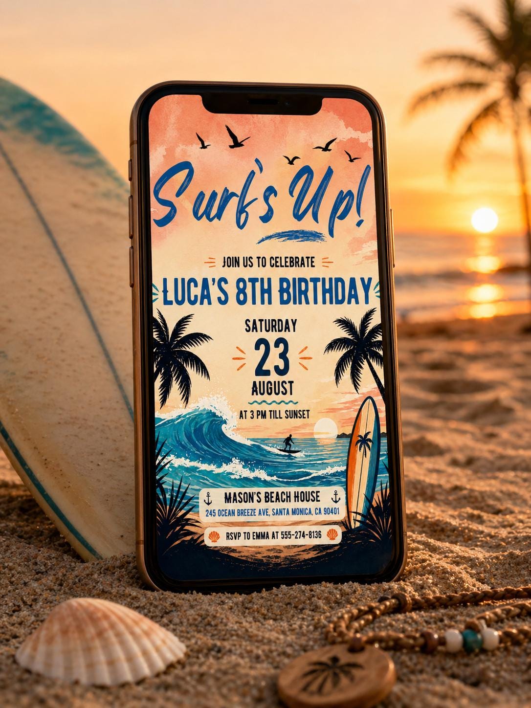 Surf's Up Birthday Invitation, Ocean Beach Surfer Theme Invite, Surfboard Surfing Party Invitation, Digital Download Canva Template __etsy:8020258331
