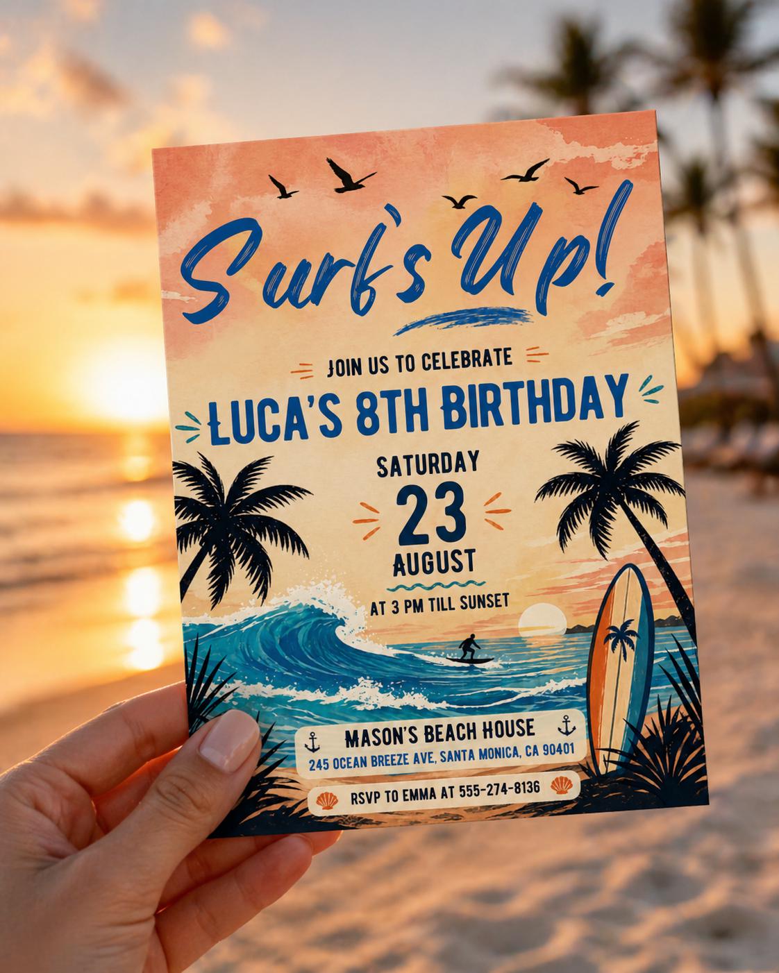 Surf's Up Birthday Invitation, Ocean Beach Surfer Theme Invite, Surfboard Surfing Party Invitation, Digital Download Canva Template __etsy:8020258257