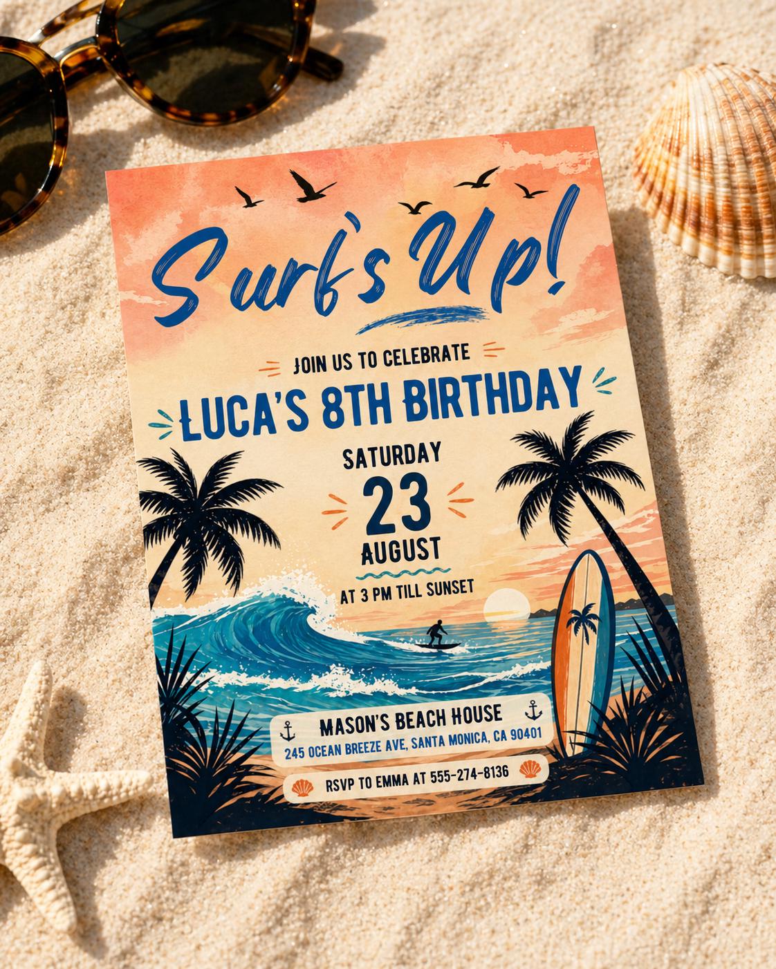 Surf's Up Birthday Invitation, Ocean Beach Surfer Theme Invite, Surfboard Surfing Party Invitation, Digital Download Canva Template __etsy:8020258269