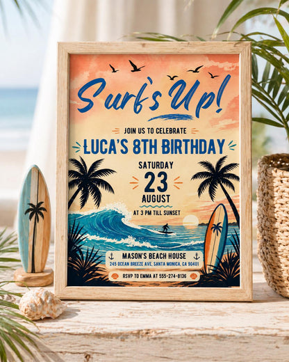 Surf's Up Birthday Invitation, Ocean Beach Surfer Theme Invite, Surfboard Surfing Party Invitation, Digital Download Canva Template __etsy:7972308092