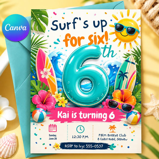 Surf's Up Birthday Invitation, 6th Beach Surf Party Invite, Tropical Boy Pool Editable Printable Canva Template __etsy:8173904552