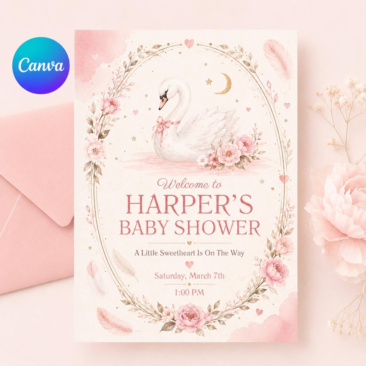 Swan Baby Shower Invitation, Swan Lake Invite, Baby Shower Invite, Baby Shower Girl or Boy, Goose Baby Shower Theme, Editable Canva Template __etsy:8122147233