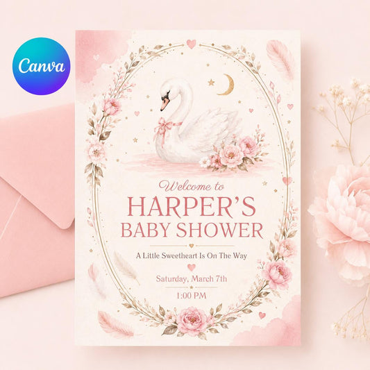 Swan Baby Shower Invitation, Swan Lake Invite, Baby Shower Invite, Baby Shower Girl or Boy, Goose Baby Shower Theme, Editable Canva Template __etsy:8122147233