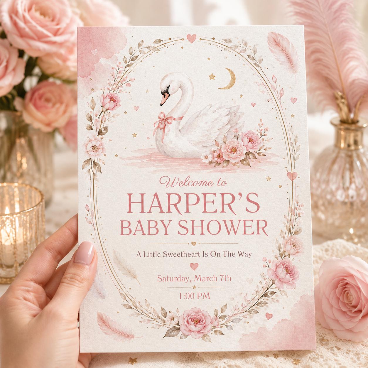 Swan Baby Shower Invitation, Swan Lake Invite, Baby Shower Invite, Baby Shower Girl or Boy, Goose Baby Shower Theme, Editable Canva Template __etsy:8122147039