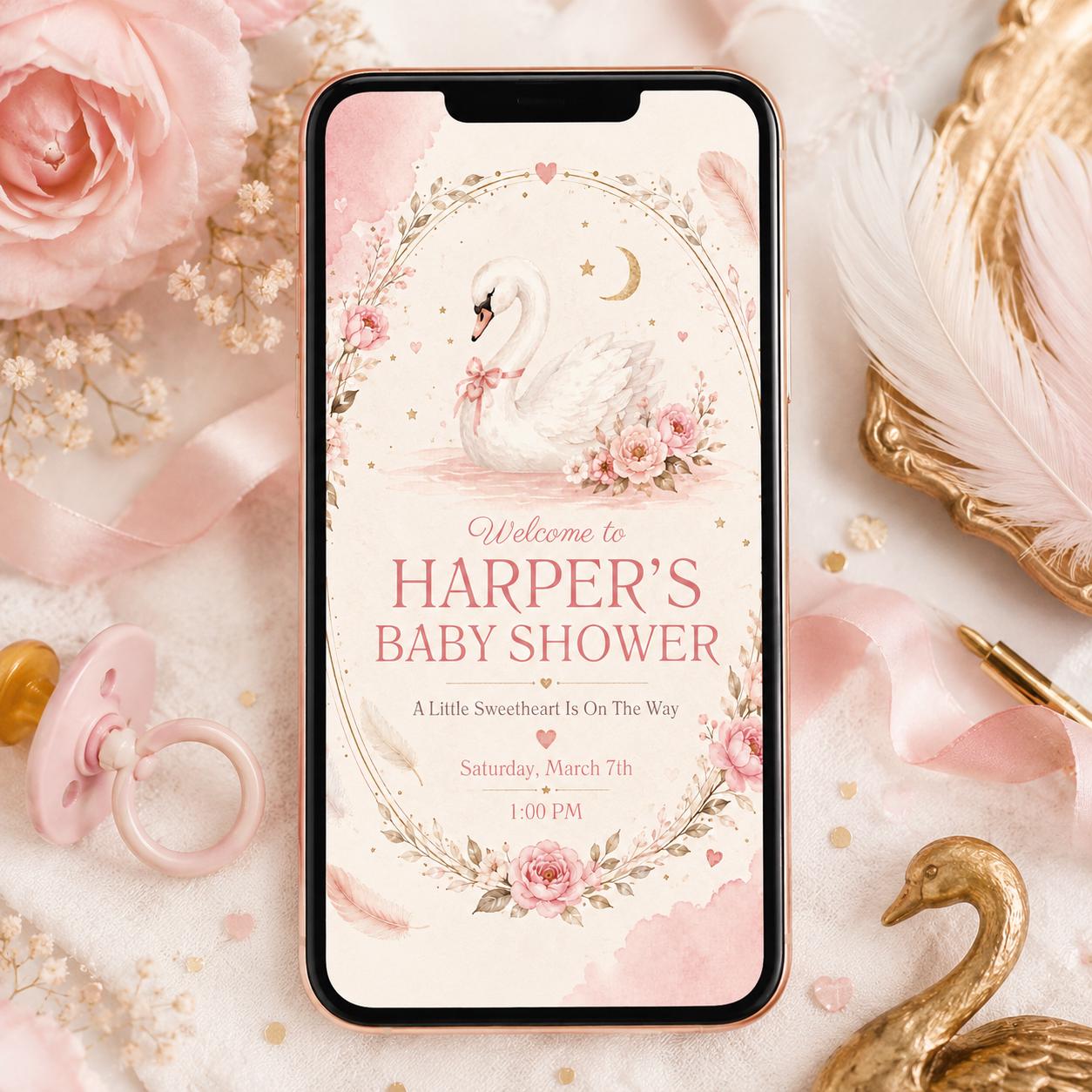 Swan Baby Shower Invitation, Swan Lake Invite, Baby Shower Invite, Baby Shower Girl or Boy, Goose Baby Shower Theme, Editable Canva Template __etsy:8122147229
