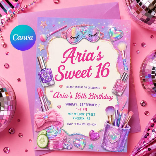 Sweet 16 Birthday Invitation, Girls Spa Birthday Invitation, Editable Spa Party Invite, Kids Pamper Party Canva Invite, Spa Day Invitation __etsy:8085396069
