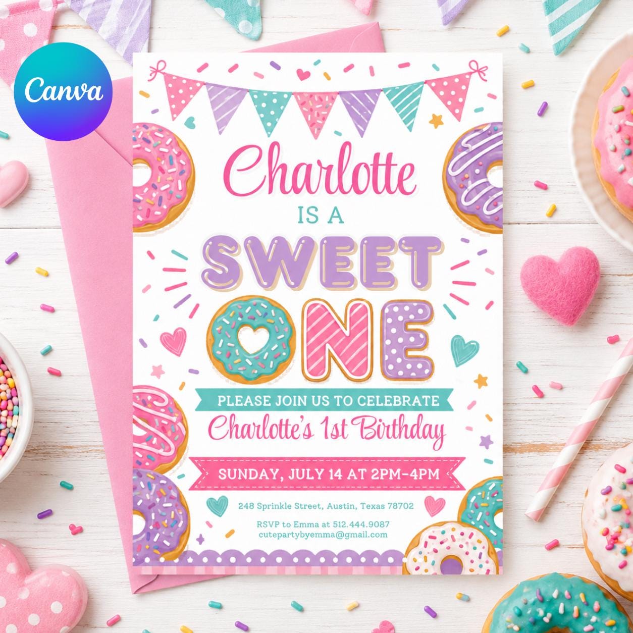Sweet One Birthday Invitation, 1st Birthday Girl Invitation Pastel Sweets Invite Dessert Donut Candy Ice Cream Cupcake, Canva Template __etsy:8050242855