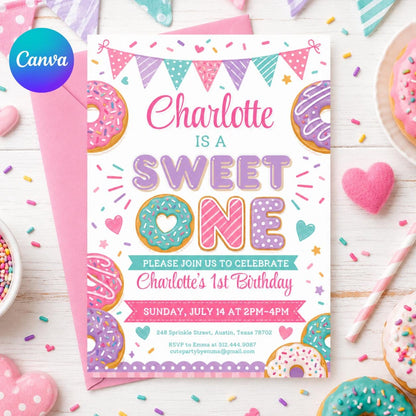 Sweet One Birthday Invitation, 1st Birthday Girl Invitation Pastel Sweets Invite Dessert Donut Candy Ice Cream Cupcake, Canva Template __etsy:8050242855