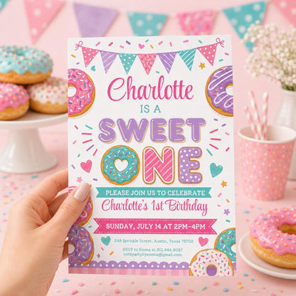 Sweet One Birthday Invitation, 1st Birthday Girl Invitation Pastel Sweets Invite Dessert Donut Candy Ice Cream Cupcake, Canva Template __etsy:8002310968