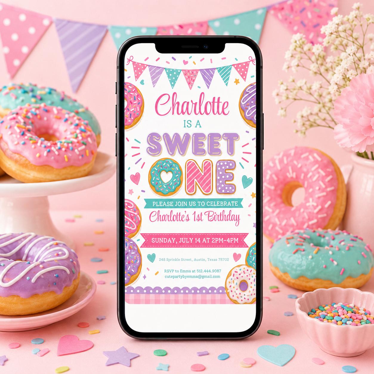 Sweet One Birthday Invitation, 1st Birthday Girl Invitation Pastel Sweets Invite Dessert Donut Candy Ice Cream Cupcake, Canva Template __etsy:8050237965