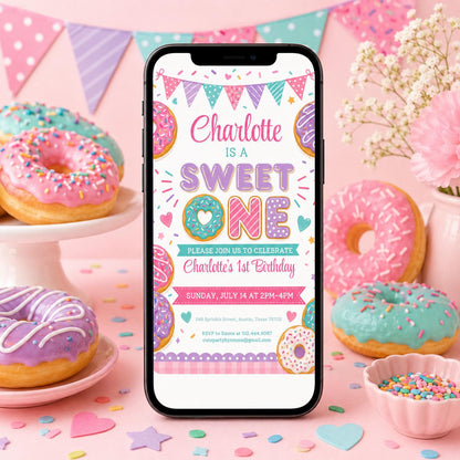 Sweet One Birthday Invitation, 1st Birthday Girl Invitation Pastel Sweets Invite Dessert Donut Candy Ice Cream Cupcake, Canva Template __etsy:8050237965