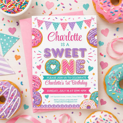 Sweet One Birthday Invitation, 1st Birthday Girl Invitation Pastel Sweets Invite Dessert Donut Candy Ice Cream Cupcake, Canva Template __etsy:8050237969