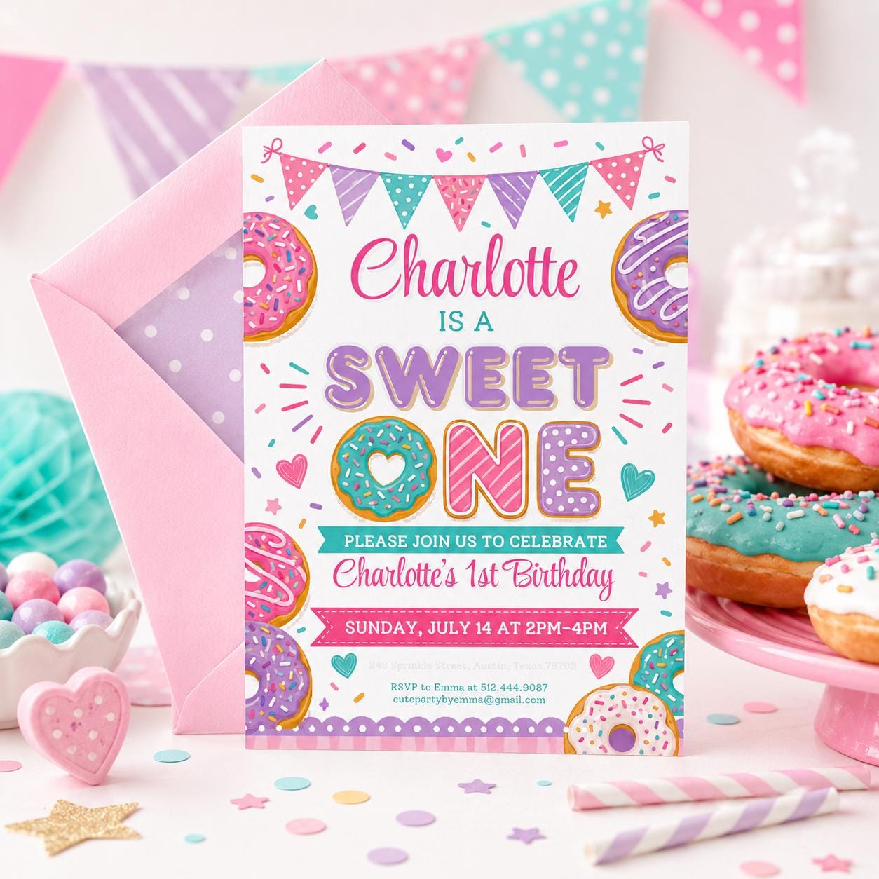 Sweet One Birthday Invitation, 1st Birthday Girl Invitation Pastel Sweets Invite Dessert Donut Candy Ice Cream Cupcake, Canva Template __etsy:8002310974