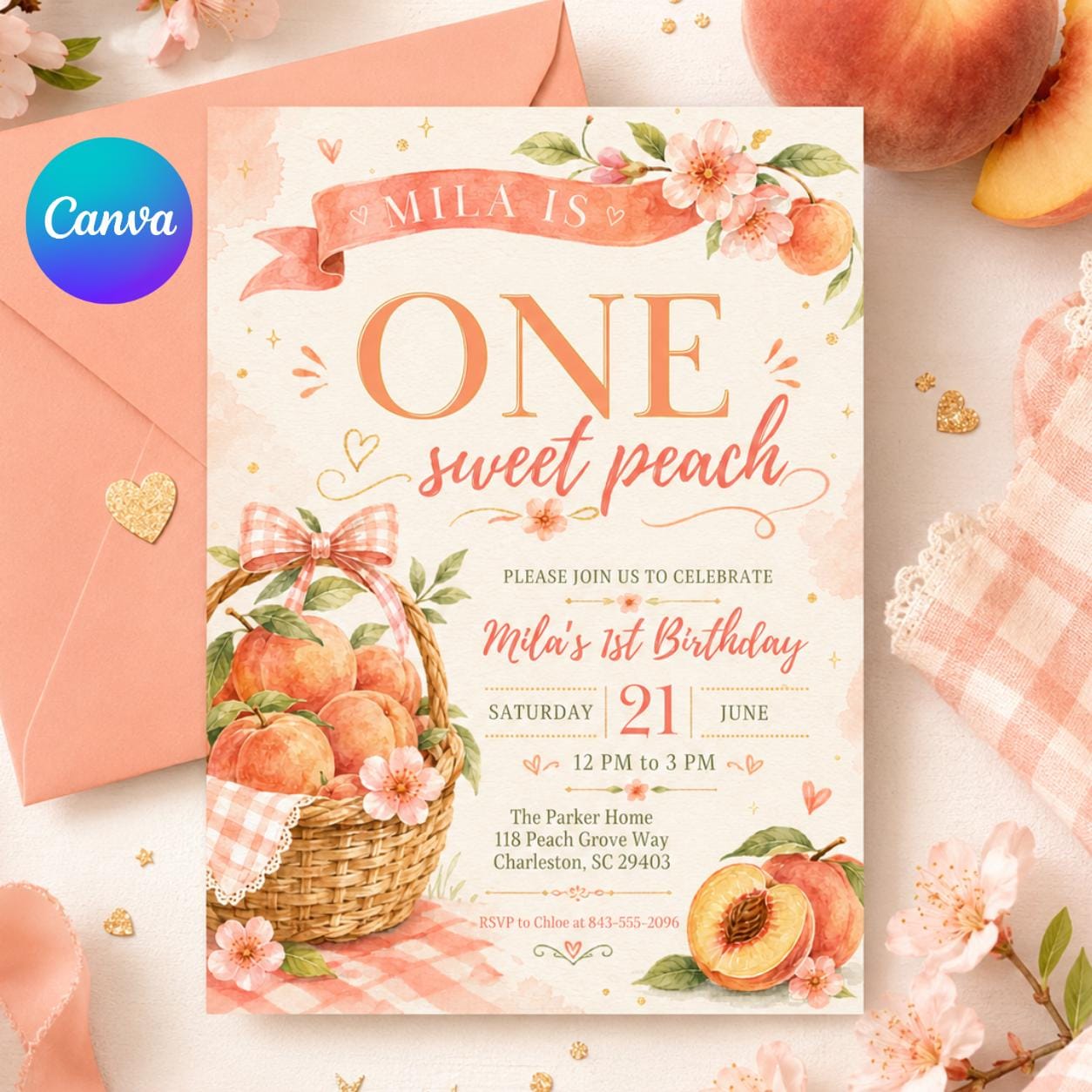 Sweet Peach 1st Birthday Invitation (Digital Template) __etsy:7991731946