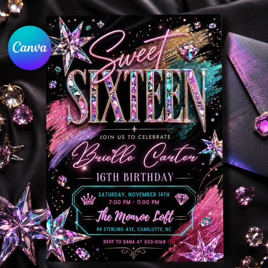 Sweet 16 Sixteen Birthday Invitation,  16th Party Invite, Blush Pink Balloon Diamonds Evite, Canva Template __etsy:8122527991