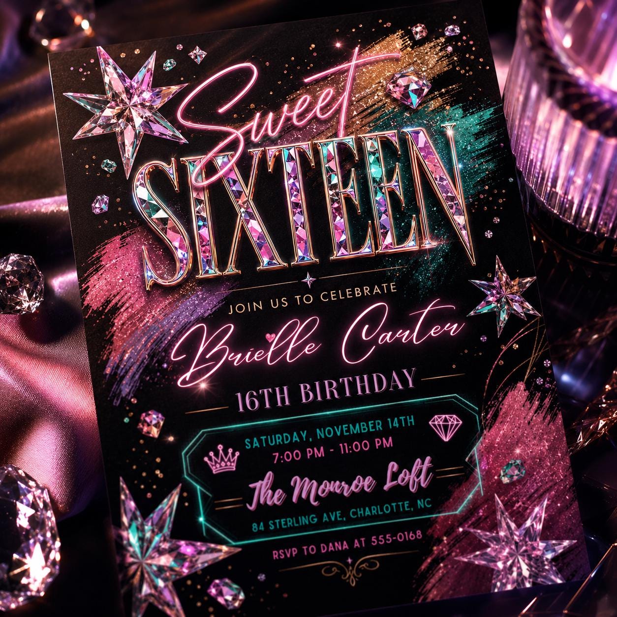 Sweet 16 Sixteen Birthday Invitation,  16th Party Invite, Blush Pink Balloon Diamonds Evite, Canva Template __etsy:8074609132
