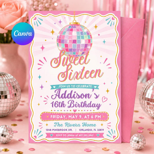 Sweet Sixteen Disco Ball Invitation, Sweet 16 Disco Ball Birthday Invite, Wavy Frame Pink, Elegant Sixteenth B-day, Canva Template __etsy:8037083512