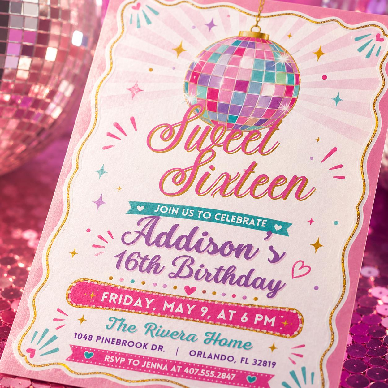 Sweet Sixteen Disco Ball Invitation, Sweet 16 Disco Ball Birthday Invite, Wavy Frame Pink, Elegant Sixteenth B-day, Canva Template __etsy:8085000025