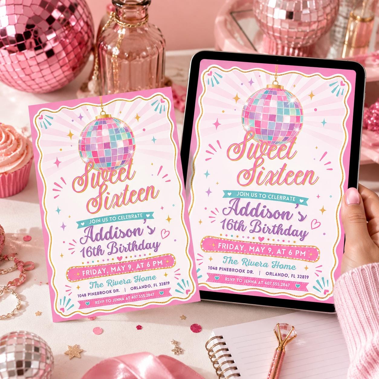 Sweet Sixteen Disco Ball Invitation, Sweet 16 Disco Ball Birthday Invite, Wavy Frame Pink, Elegant Sixteenth B-day, Canva Template __etsy:8037083516