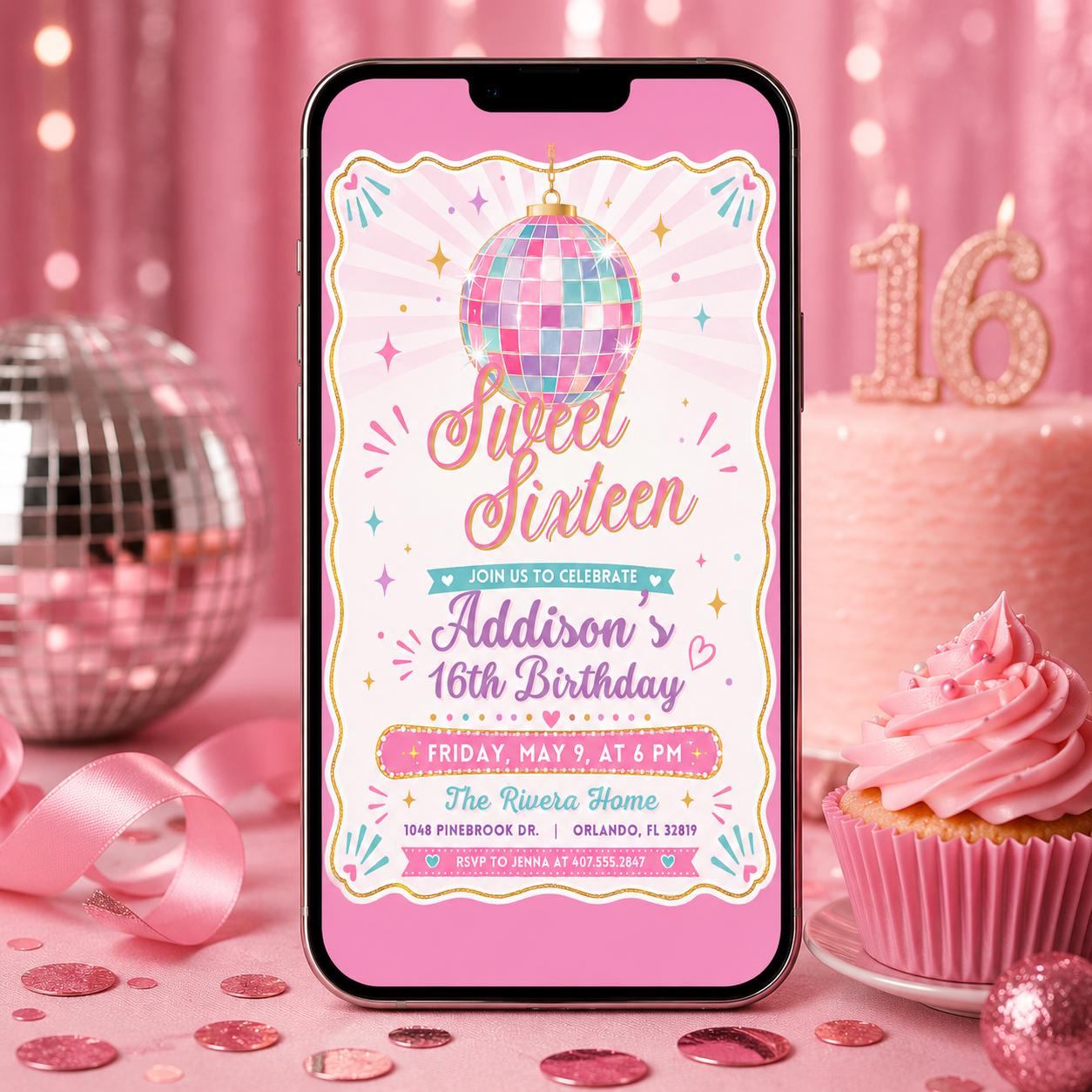 Sweet Sixteen Disco Ball Invitation, Sweet 16 Disco Ball Birthday Invite, Wavy Frame Pink, Elegant Sixteenth B-day, Canva Template __etsy:8085000021