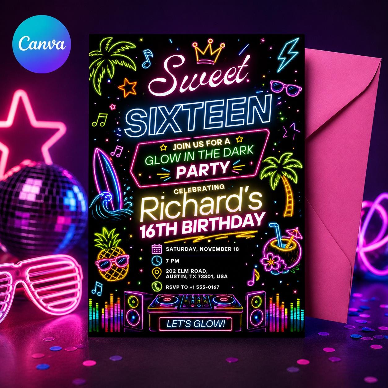 Sweet Sixteen Glow in the Dark Party Invitation, Glow Party Sweet 14 Invitation, Neon Sweet 14 Invite, Glow In The Dark Birthday, Canva __etsy:8120013855