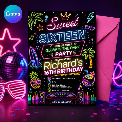 Sweet Sixteen Glow in the Dark Party Invitation, Glow Party Sweet 14 Invitation, Neon Sweet 14 Invite, Glow In The Dark Birthday, Canva __etsy:8120013855