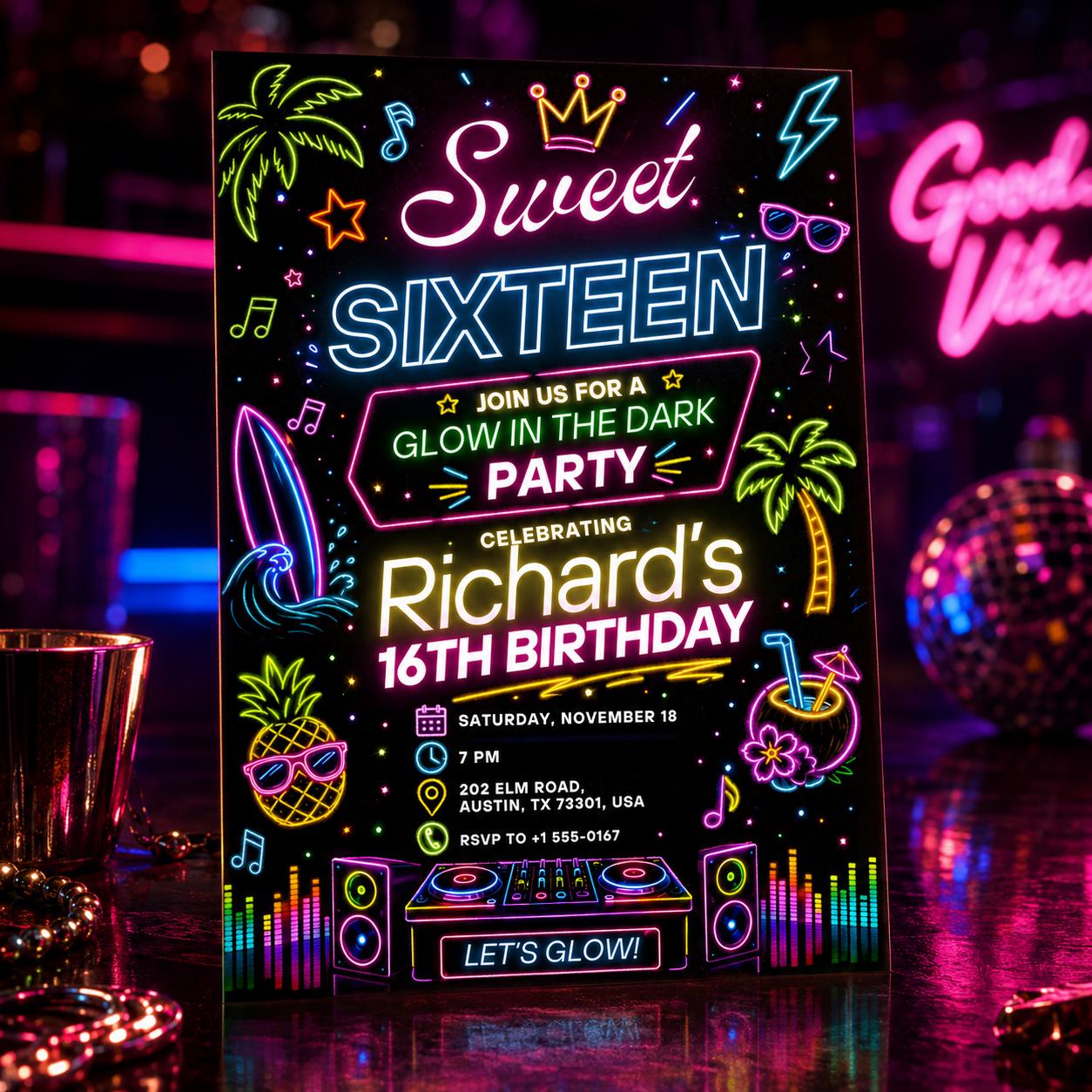 Sweet Sixteen Glow in the Dark Party Invitation, Glow Party Sweet 14 Invitation, Neon Sweet 14 Invite, Glow In The Dark Birthday, Canva __etsy:8120013823