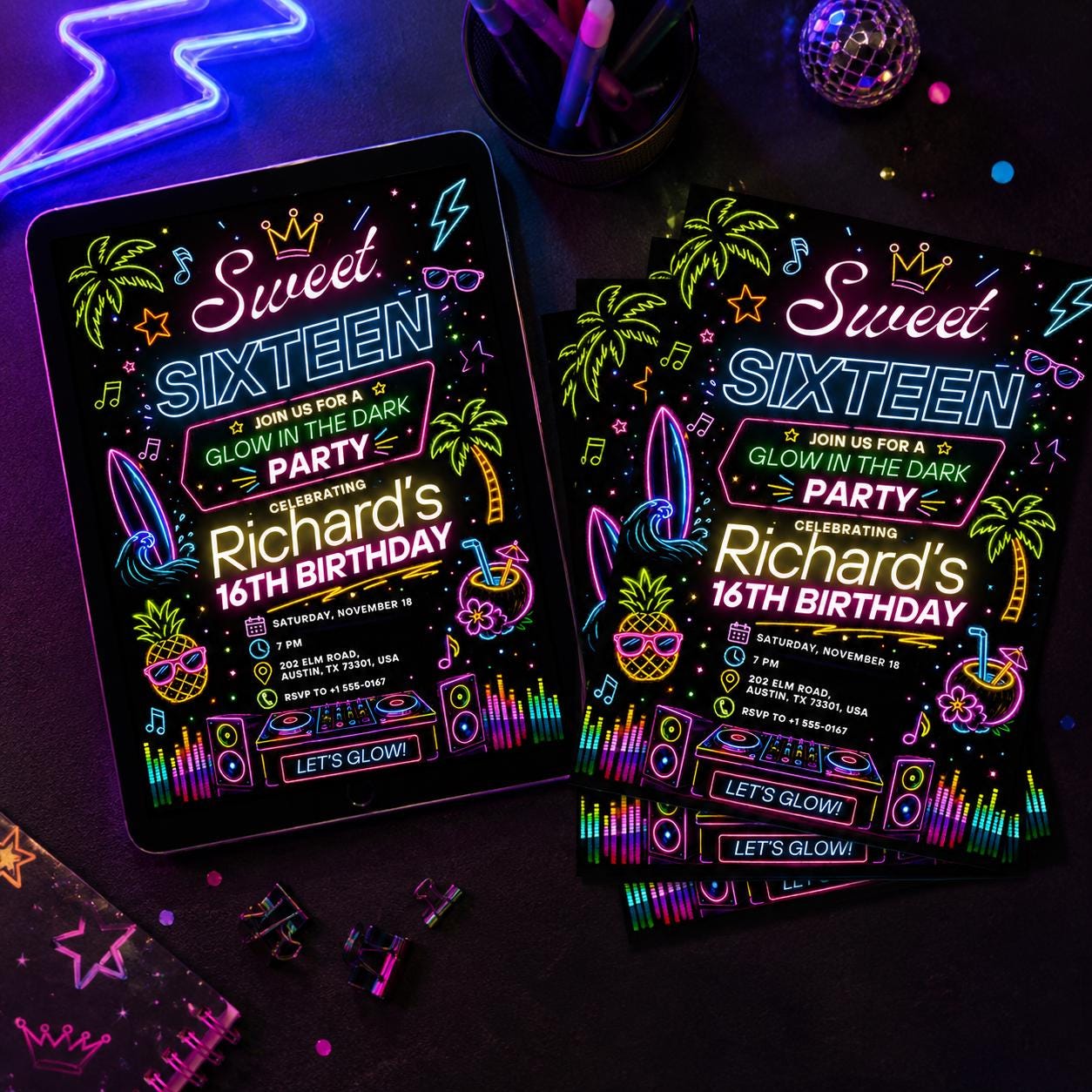 Sweet Sixteen Glow in the Dark Party Invitation, Glow Party Sweet 14 Invitation, Neon Sweet 14 Invite, Glow In The Dark Birthday, Canva __etsy:8120013849