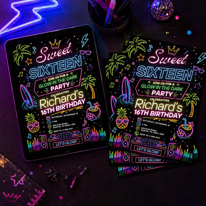Sweet Sixteen Glow in the Dark Party Invitation, Glow Party Sweet 14 Invitation, Neon Sweet 14 Invite, Glow In The Dark Birthday, Canva __etsy:8120013849