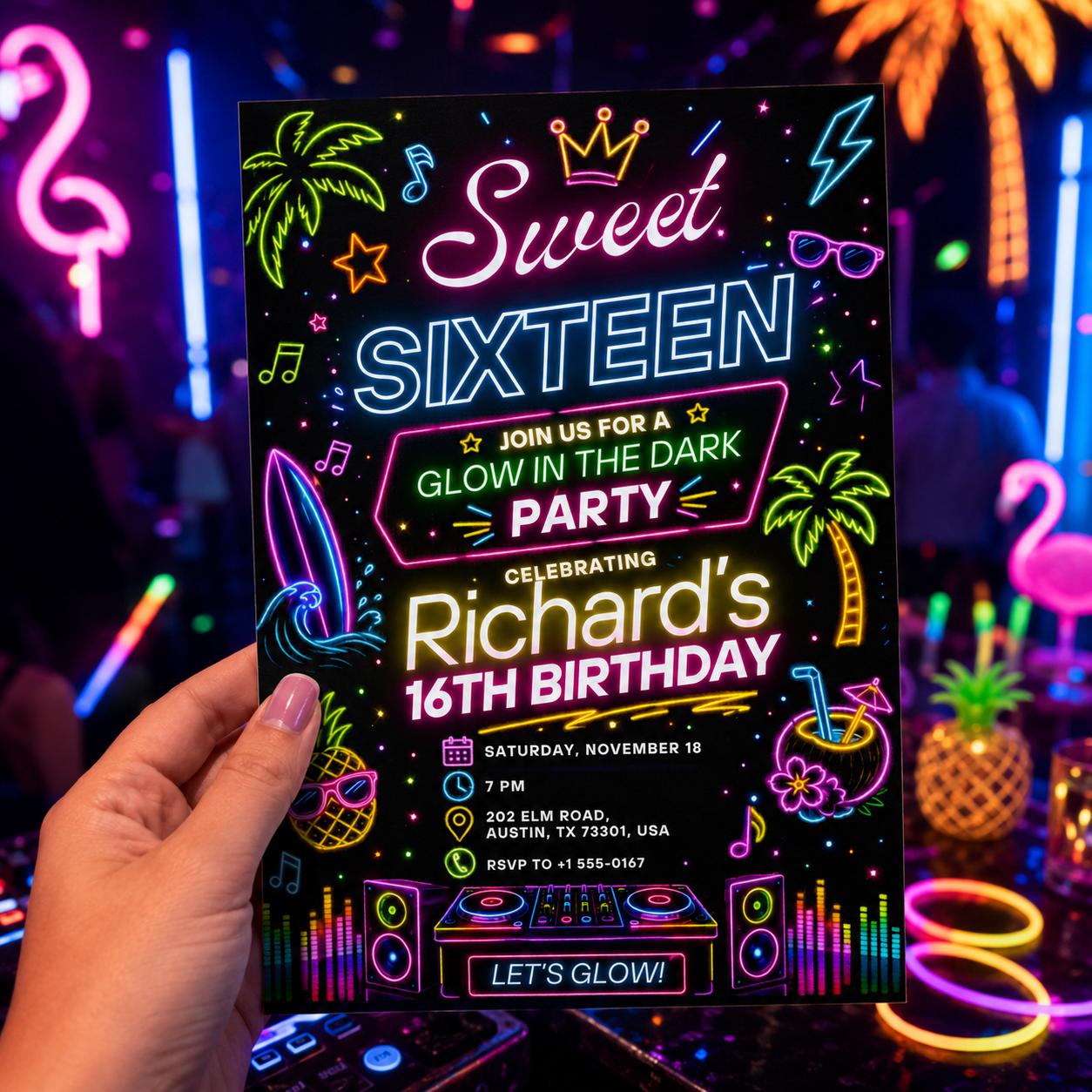 Sweet Sixteen Glow in the Dark Party Invitation, Glow Party Sweet 14 Invitation, Neon Sweet 14 Invite, Glow In The Dark Birthday, Canva __etsy:8120013857
