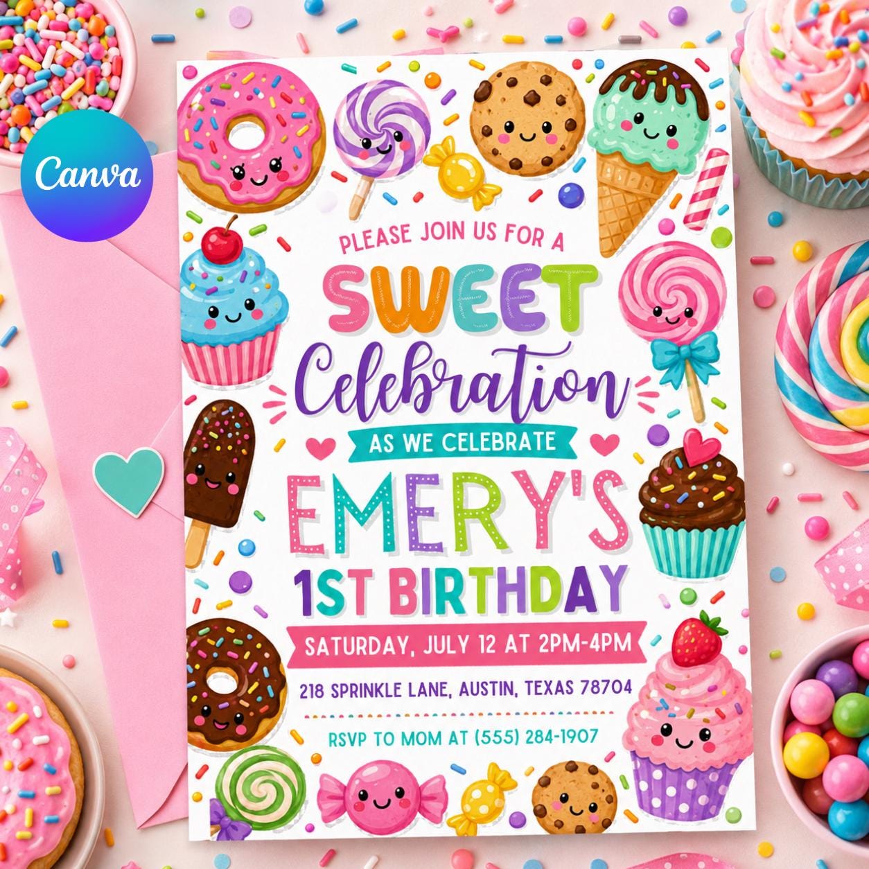 Sweet 1st Birthday Invitation, Sweet Celebration Invitation, Candy Land Party Invite, Sweets Candy Birthday, Pastel Pink Desserts Template __etsy:8027654688