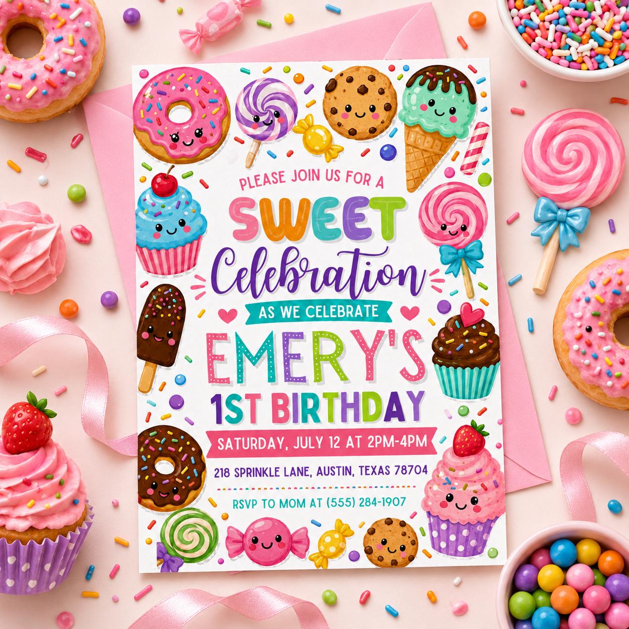 Sweet 1st Birthday Invitation, Sweet Celebration Invitation, Candy Land Party Invite, Sweets Candy Birthday, Pastel Pink Desserts Template __etsy:8075563831