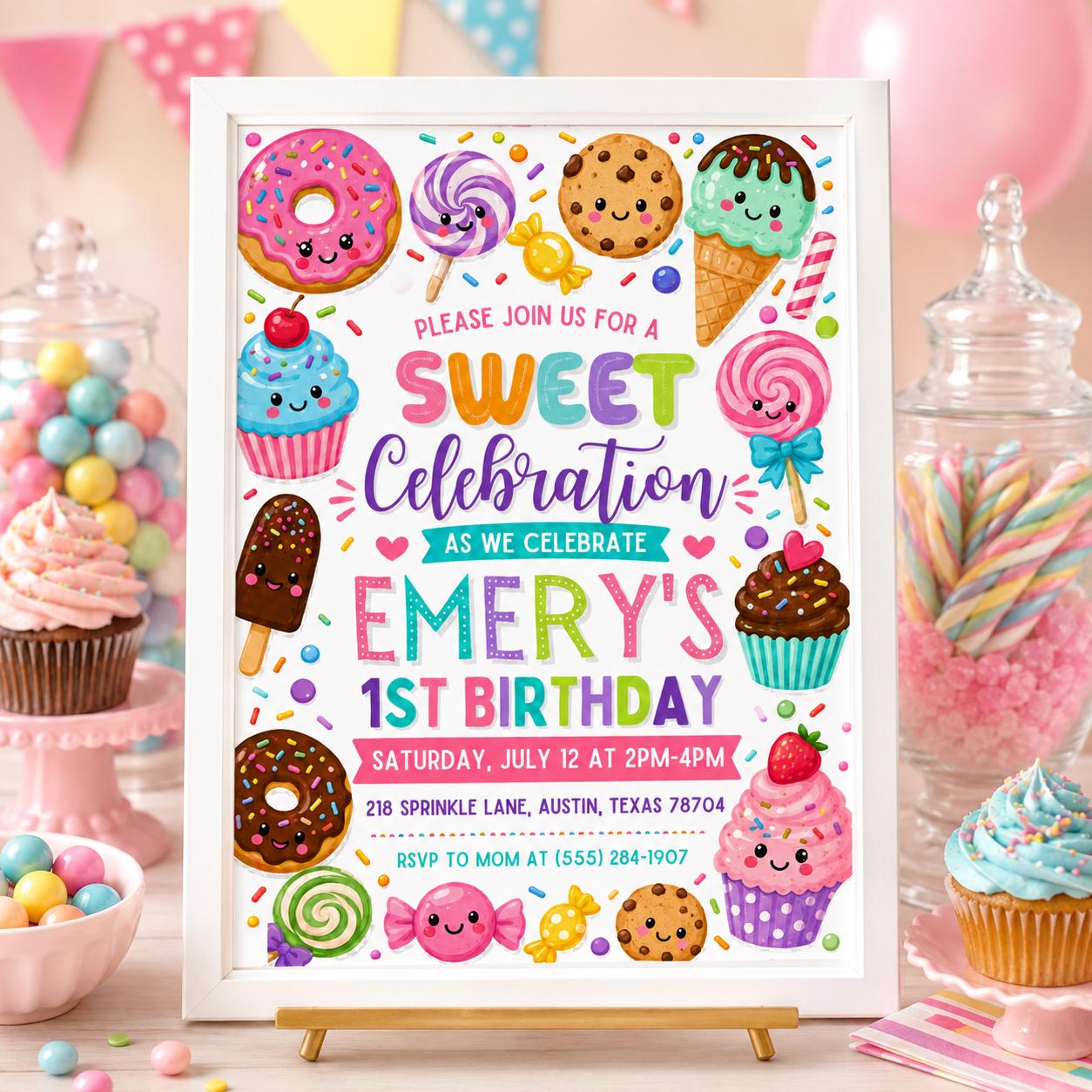 Sweet 1st Birthday Invitation, Sweet Celebration Invitation, Candy Land Party Invite, Sweets Candy Birthday, Pastel Pink Desserts Template __etsy:8075563929