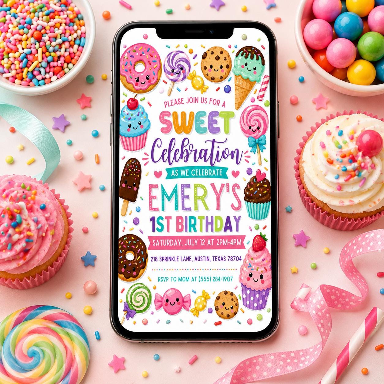 Sweet 1st Birthday Invitation, Sweet Celebration Invitation, Candy Land Party Invite, Sweets Candy Birthday, Pastel Pink Desserts Template __etsy:8075563943