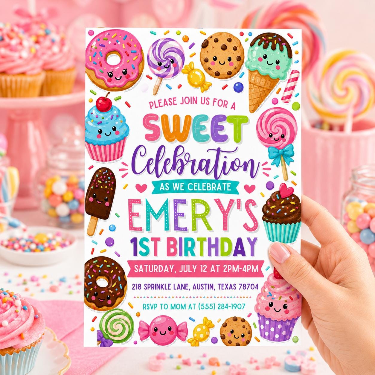 Sweet 1st Birthday Invitation, Sweet Celebration Invitation, Candy Land Party Invite, Sweets Candy Birthday, Pastel Pink Desserts Template __etsy:8075563933