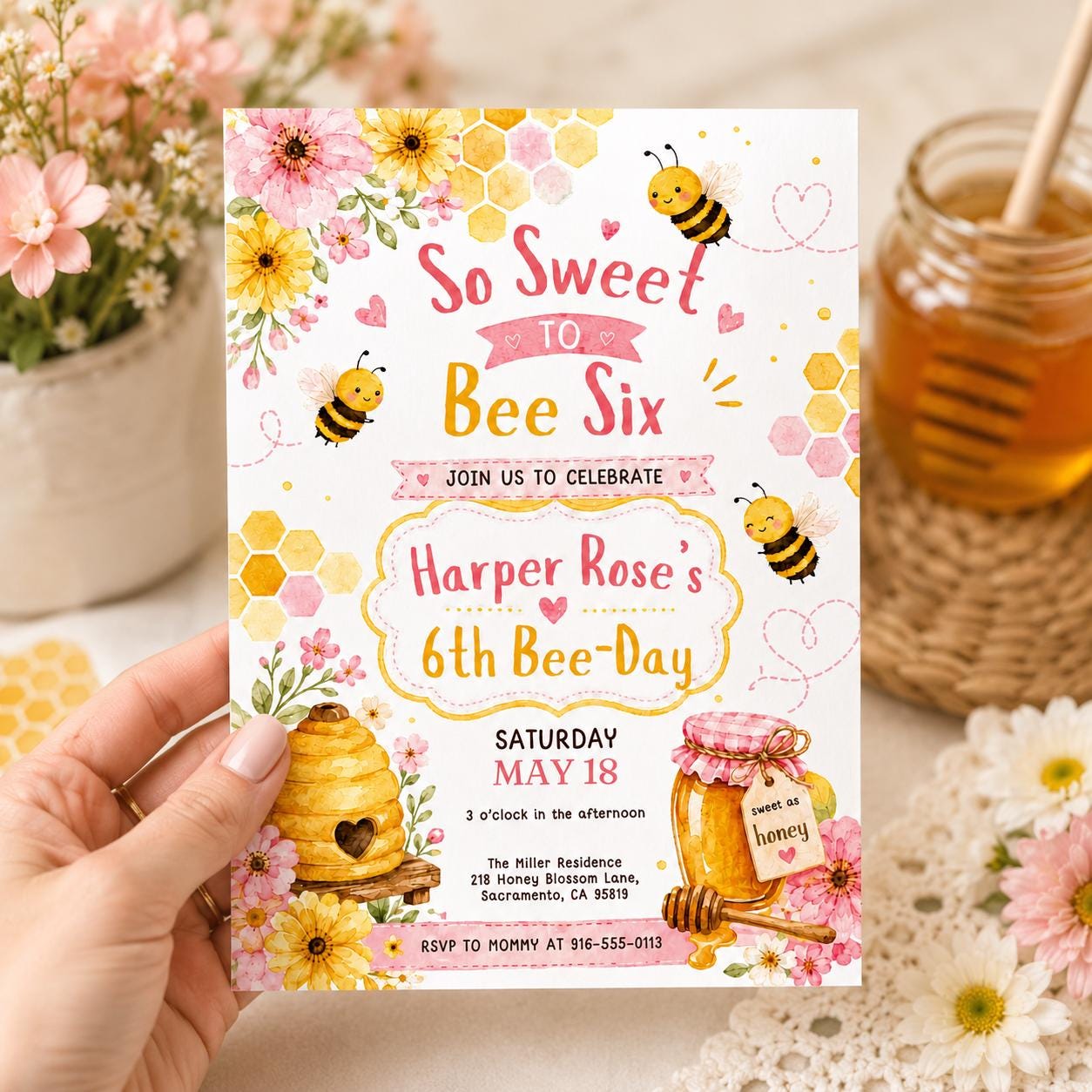 Sweet to Bee SIX 6th Birthday Invitation, Bee Invitation 1st Birthday Buzz On Over, So Sweet, Bee One, Little Honey, Party Invitation, Canva __etsy:8011717286