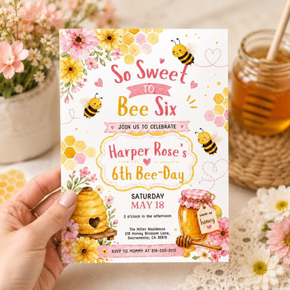 Sweet to Bee SIX 6th Birthday Invitation, Bee Invitation 1st Birthday Buzz On Over, So Sweet, Bee One, Little Honey, Party Invitation, Canva __etsy:8011717286
