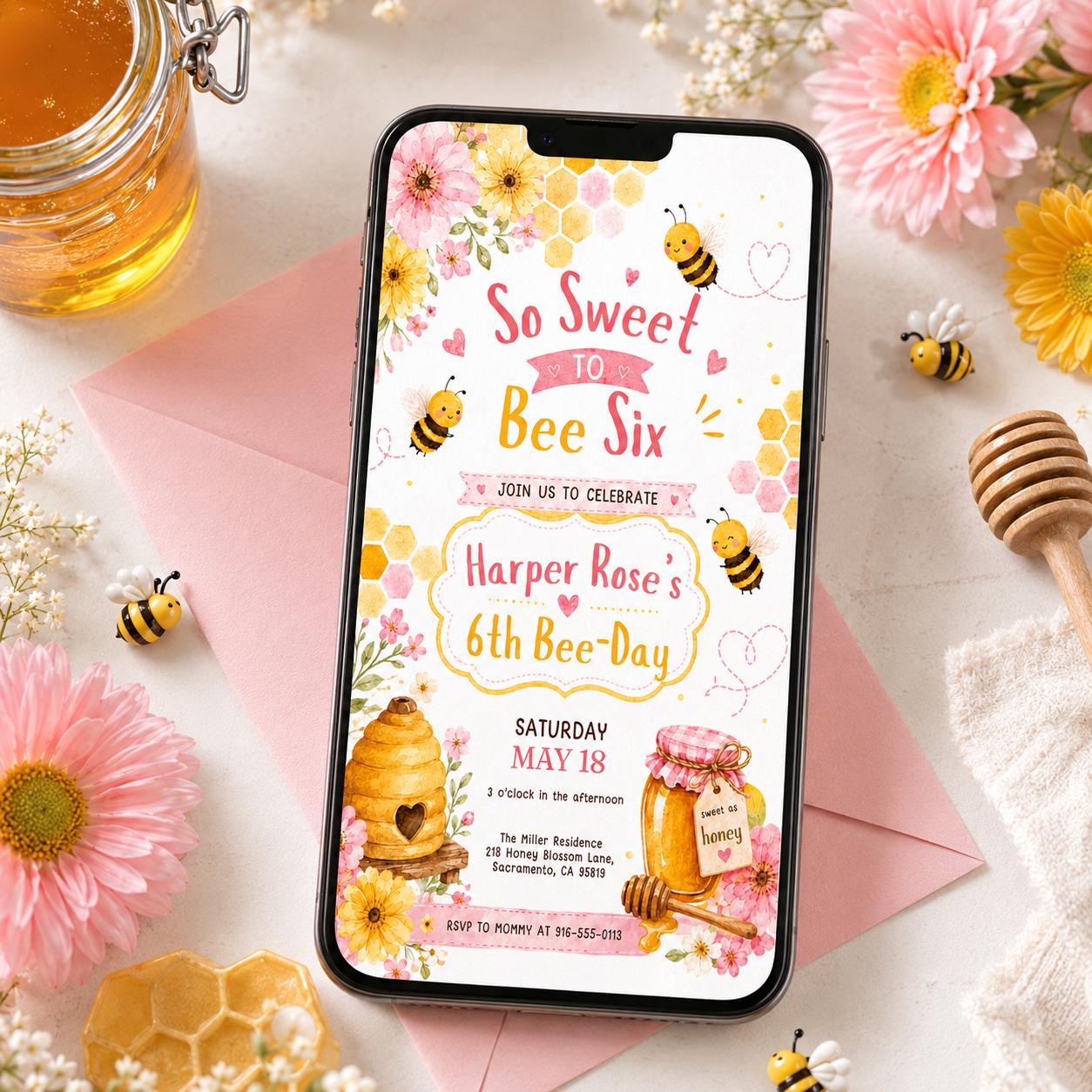 Sweet to Bee SIX 6th Birthday Invitation, Bee Invitation 1st Birthday Buzz On Over, So Sweet, Bee One, Little Honey, Party Invitation, Canva __etsy:8059629473
