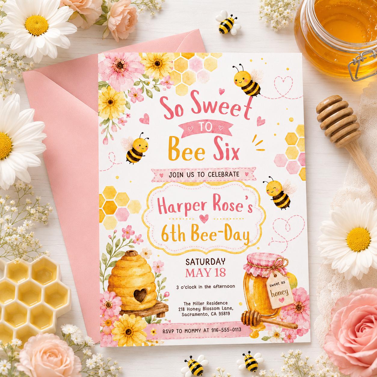 Sweet to Bee SIX 6th Birthday Invitation, Bee Invitation 1st Birthday Buzz On Over, So Sweet, Bee One, Little Honey, Party Invitation, Canva __etsy:8059629489
