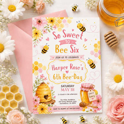 Sweet to Bee SIX 6th Birthday Invitation, Bee Invitation 1st Birthday Buzz On Over, So Sweet, Bee One, Little Honey, Party Invitation, Canva __etsy:8059629489