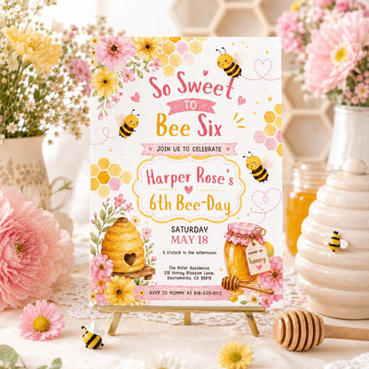 Sweet to Bee SIX 6th Birthday Invitation, Bee Invitation 1st Birthday Buzz On Over, So Sweet, Bee One, Little Honey, Party Invitation, Canva __etsy:8059629501