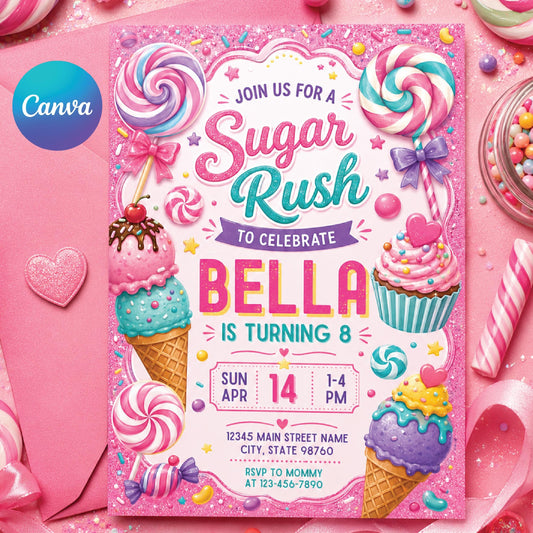 Sweets Candy Birthday Invitation, Sweet Celebration Birthday Girl, Candyland Invitation, Dessert Theme Party Invite, Editable Canva Template __etsy:8012744016