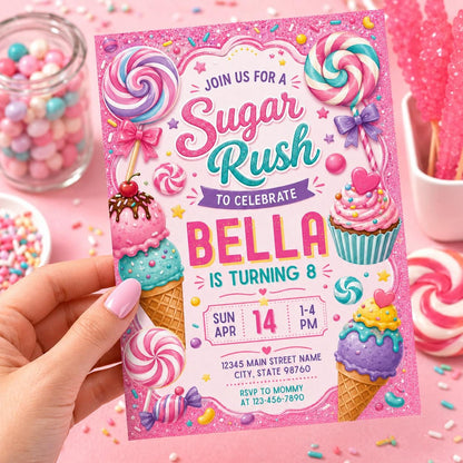 Sweets Candy Birthday Invitation, Sweet Celebration Birthday Girl, Candyland Invitation, Dessert Theme Party Invite, Editable Canva Template __etsy:8012739654